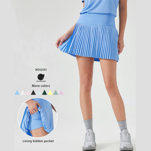Running Skorts with Double-Layer Pleated Skirt and Anti-Light Shorts, Water-Cooled Elastic Athletic Tennis golf Skirt WDQ383