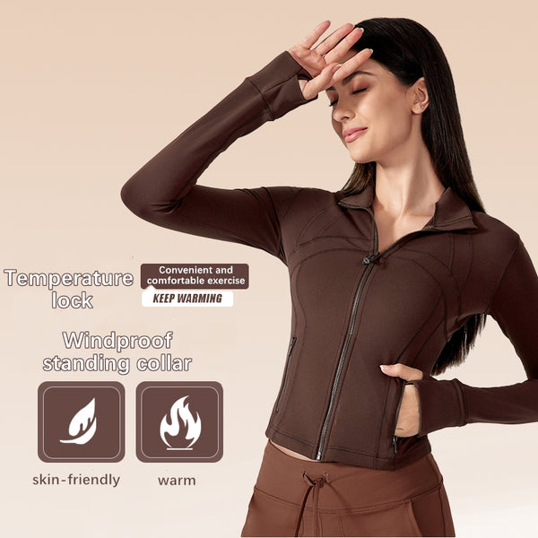 Slim Fit Stand Collar Yoga Jacket for Women Sporty Outdoor Running Workout Zipper Front Jacket WDQ177
