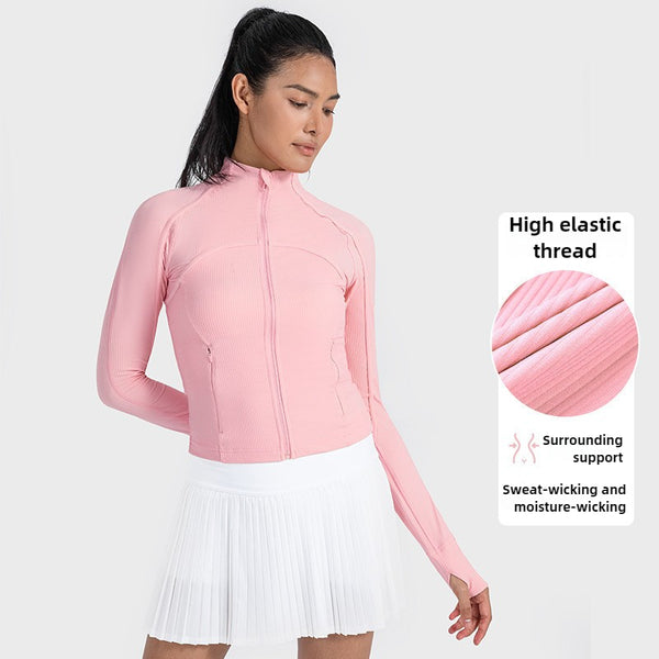 High Elasticity Ribbed Moisture Wicking Yoga Jacket, Sports Running Zipper Short Jacket WDQ006